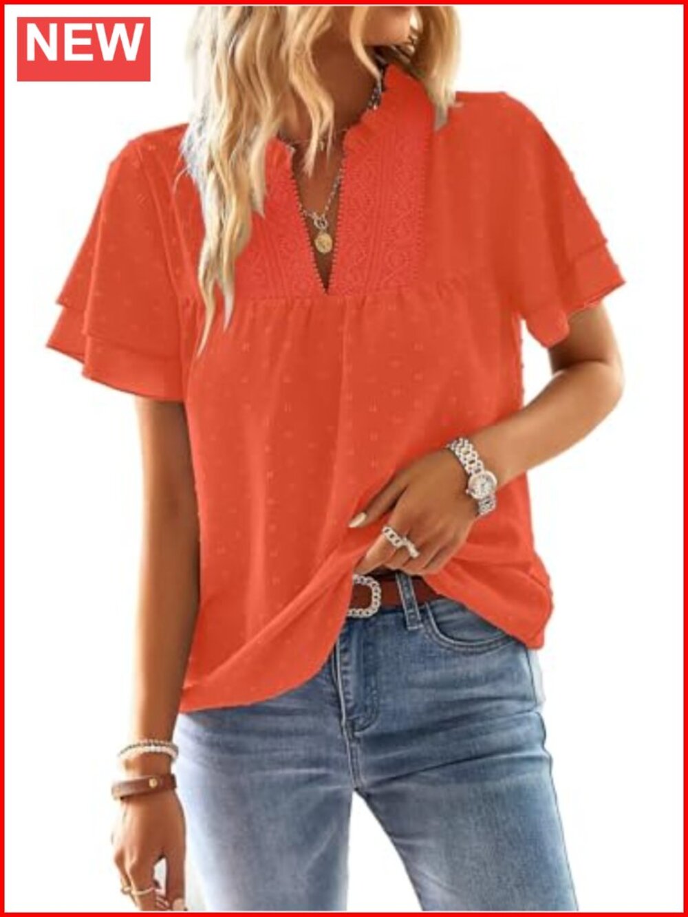 Womens V Neck Crochet Lace Blouse Butterfly Short Sleeve Dressy Casual Top